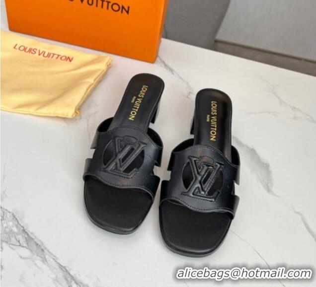 Charming Louis Vuitton LV Isola Leather Heel Slide Sandals 4.5cm with LV Circle Black 918052