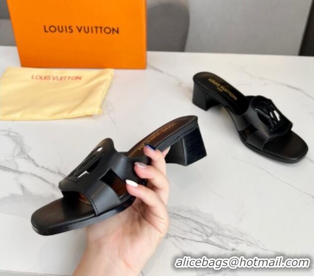 Charming Louis Vuitton LV Isola Leather Heel Slide Sandals 4.5cm with LV Circle Black 918052