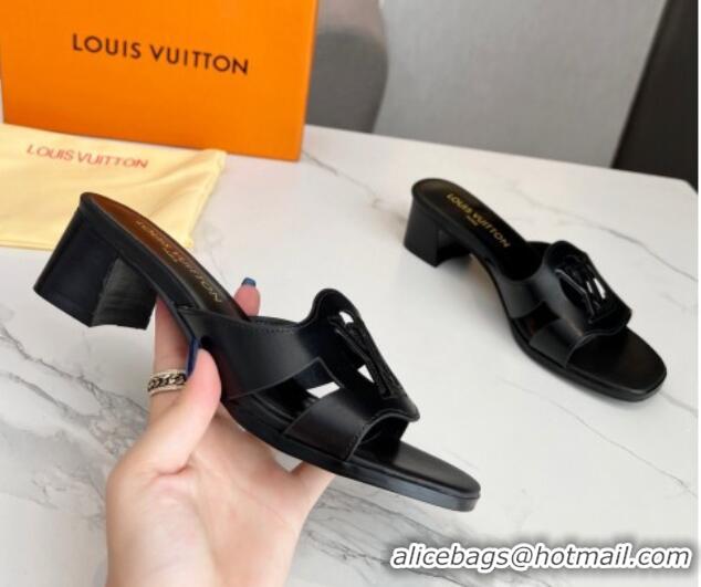 Charming Louis Vuitton LV Isola Leather Heel Slide Sandals 4.5cm with LV Circle Black 918052