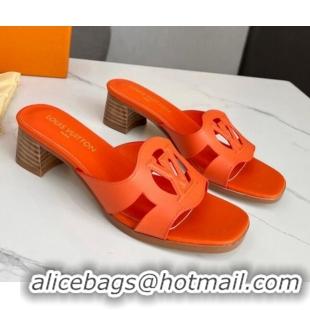 Good Quality Louis Vuitton LV Isola Leather Heel Slide Sandals 4.5cm with LV Circle Orange 918053