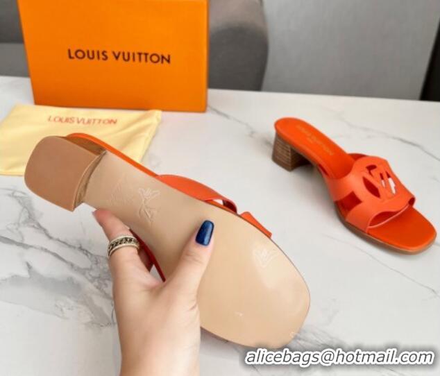 Good Quality Louis Vuitton LV Isola Leather Heel Slide Sandals 4.5cm with LV Circle Orange 918053