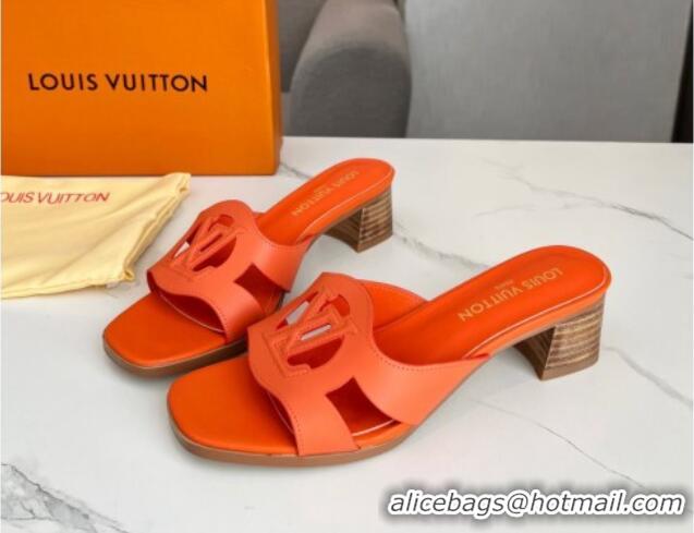 Good Quality Louis Vuitton LV Isola Leather Heel Slide Sandals 4.5cm with LV Circle Orange 918053