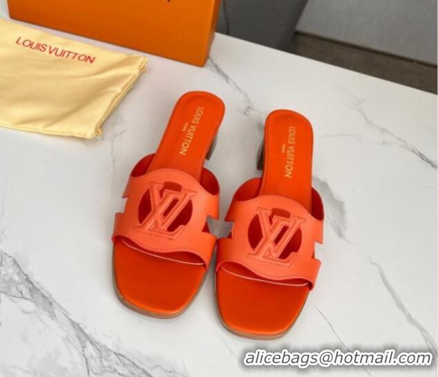 Good Quality Louis Vuitton LV Isola Leather Heel Slide Sandals 4.5cm with LV Circle Orange 918053