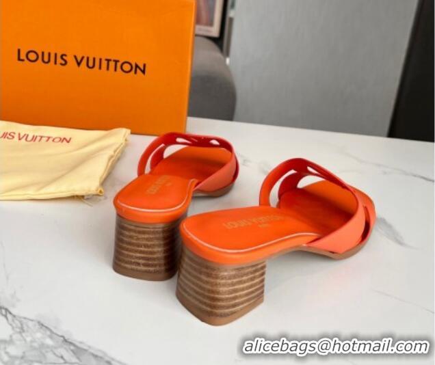 Good Quality Louis Vuitton LV Isola Leather Heel Slide Sandals 4.5cm with LV Circle Orange 918053