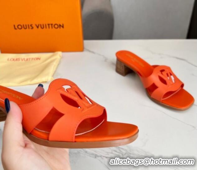 Good Quality Louis Vuitton LV Isola Leather Heel Slide Sandals 4.5cm with LV Circle Orange 918053