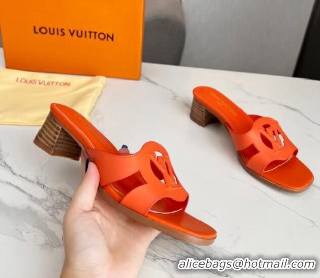 Good Quality Louis Vuitton LV Isola Leather Heel Slide Sandals 4.5cm with LV Circle Orange 918053