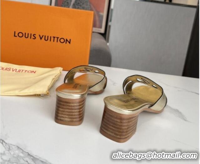 Good Quality Louis Vuitton LV Isola Leather Heel Slide Sandals 4.5cm with LV Circle Gold 918054