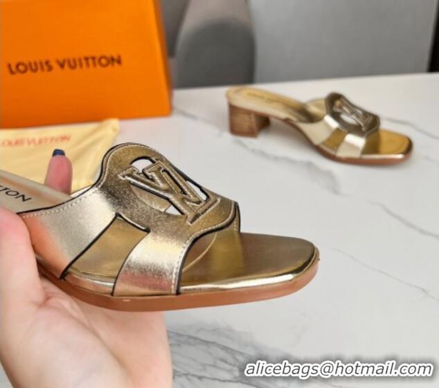 Good Quality Louis Vuitton LV Isola Leather Heel Slide Sandals 4.5cm with LV Circle Gold 918054