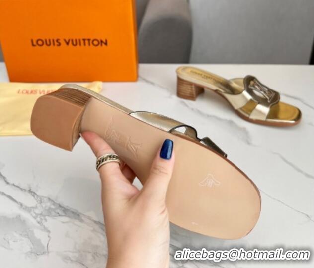 Good Quality Louis Vuitton LV Isola Leather Heel Slide Sandals 4.5cm with LV Circle Gold 918054