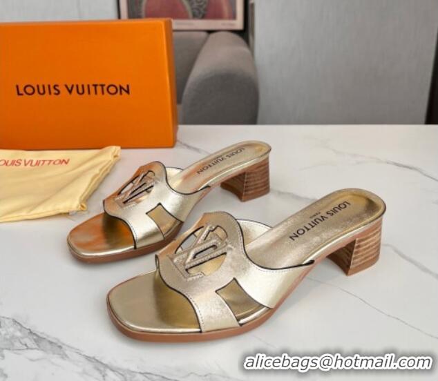 Good Quality Louis Vuitton LV Isola Leather Heel Slide Sandals 4.5cm with LV Circle Gold 918054