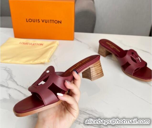 Good Product Louis Vuitton LV Isola Leather Heel Slide Sandals 4.5cm with LV Circle Burgundy 918055