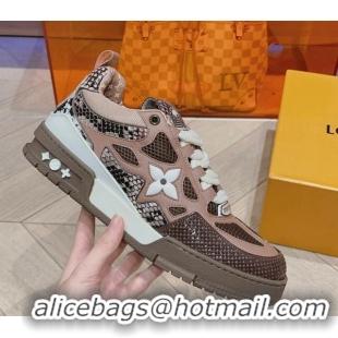 Best Luxury Louis Vuitton LV Skate Sneakers in Mesh and python-like leather Brown 926114