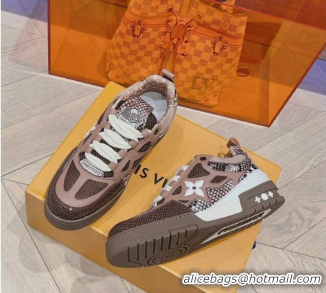 Best Luxury Louis Vuitton LV Skate Sneakers in Mesh and python-like leather Brown 926114