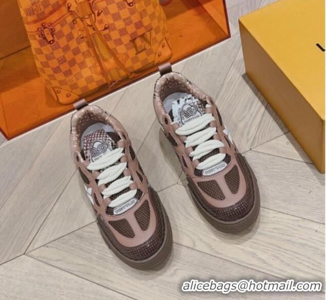 Best Luxury Louis Vuitton LV Skate Sneakers in Mesh and python-like leather Brown 926114