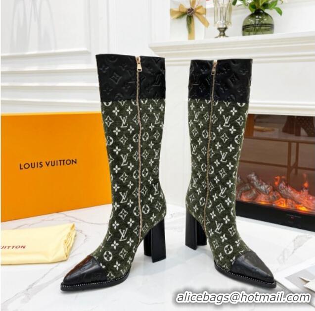 Good Looking Louis Vuitton Monogram Leather and Velvet Medium Boots 9.5cm Green 012103