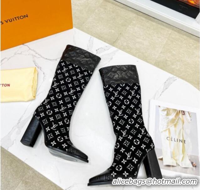 Most Popular Louis Vuitton Monogram Leather and Velvet Medium Boots 9.5cm Black 012105