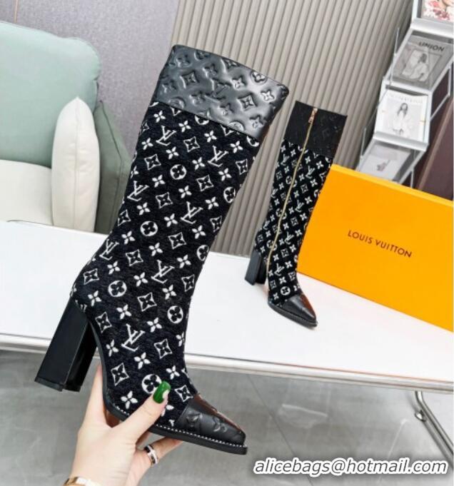 Most Popular Louis Vuitton Monogram Leather and Velvet Medium Boots 9.5cm Black 012105