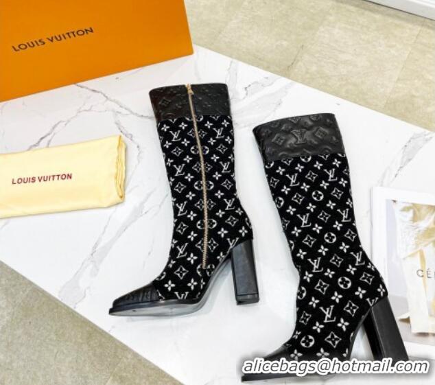 Most Popular Louis Vuitton Monogram Leather and Velvet Medium Boots 9.5cm Black 012105