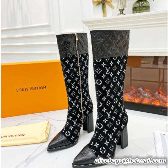 Most Popular Louis Vuitton Monogram Leather and Velvet Medium Boots 9.5cm Black 012105