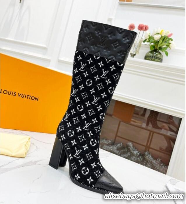 Most Popular Louis Vuitton Monogram Leather and Velvet Medium Boots 9.5cm Black 012105