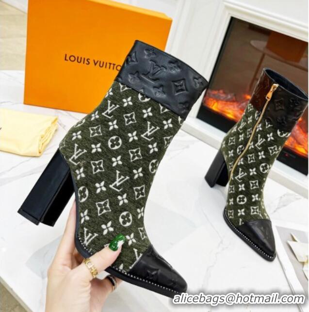 Good Quality Louis Vuitton Monogram Leather and Velvet Ankle Boots 9.5cm Green 012107