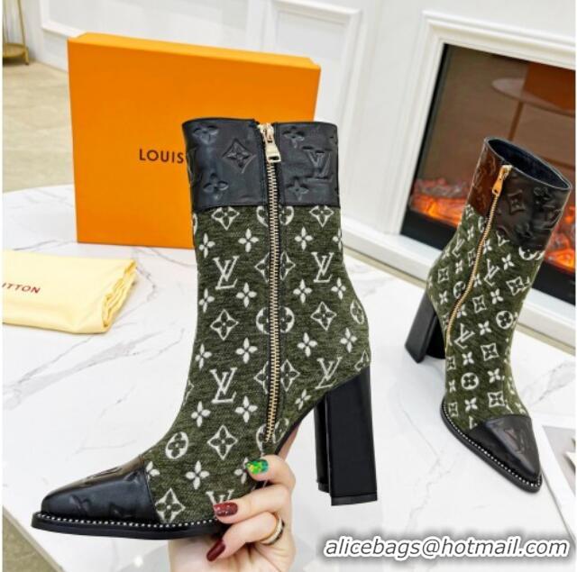 Good Quality Louis Vuitton Monogram Leather and Velvet Ankle Boots 9.5cm Green 012107