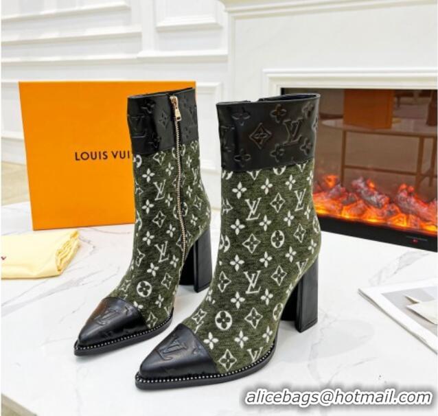 Good Quality Louis Vuitton Monogram Leather and Velvet Ankle Boots 9.5cm Green 012107