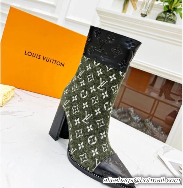 Good Quality Louis Vuitton Monogram Leather and Velvet Ankle Boots 9.5cm Green 012107