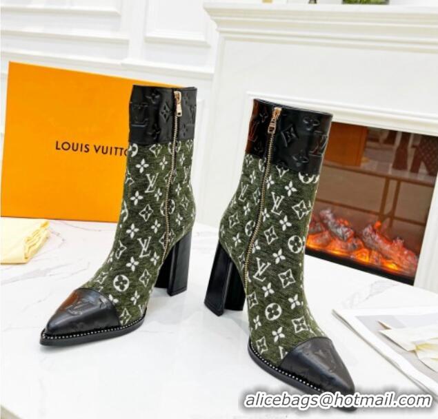 Good Quality Louis Vuitton Monogram Leather and Velvet Ankle Boots 9.5cm Green 012107