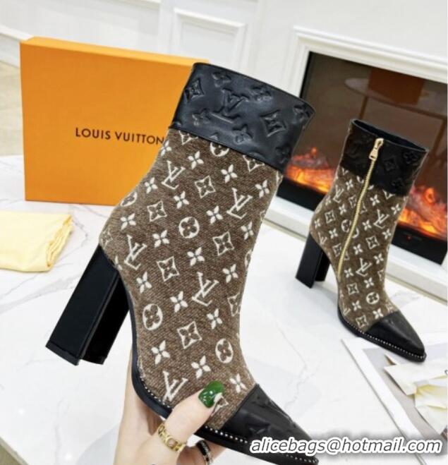 Durable Louis Vuitton Monogram Leather and Velvet Ankle Boots 9.5cm Brown 012108