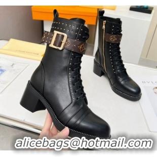 Classic Hot Louis Vuitton Leather Ankle Boots 5cm with Buckle Strap and Studs Black 012109