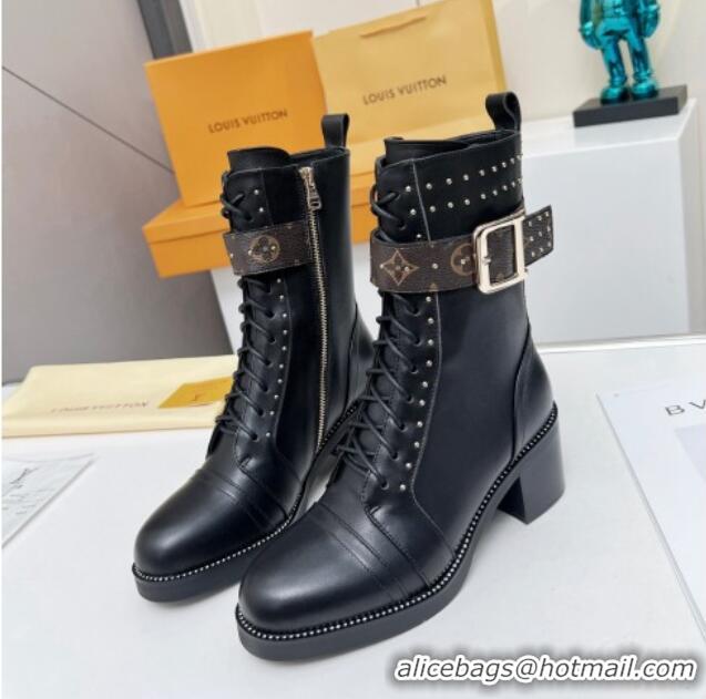 Classic Hot Louis Vuitton Leather Ankle Boots 5cm with Buckle Strap and Studs Black 012109