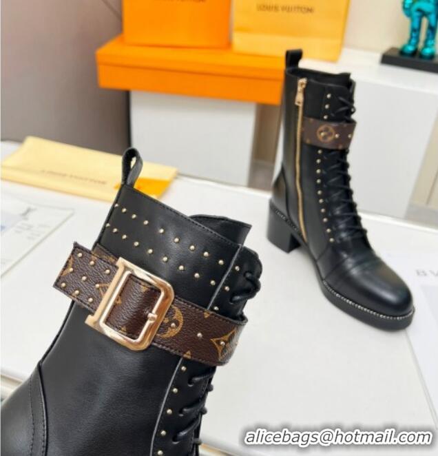 Classic Hot Louis Vuitton Leather Ankle Boots 5cm with Buckle Strap and Studs Black 012109