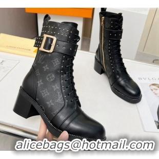 Cheap Price Louis Vuitton Monogram Canvas Ankle Boots 5cm with Buckle Strap and Studs Black 012110