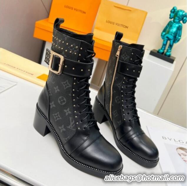 Cheap Price Louis Vuitton Monogram Canvas Ankle Boots 5cm with Buckle Strap and Studs Black 012110