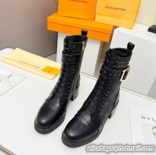 Cheap Price Louis Vuitton Monogram Canvas Ankle Boots 5cm with Buckle Strap and Studs Black 012110