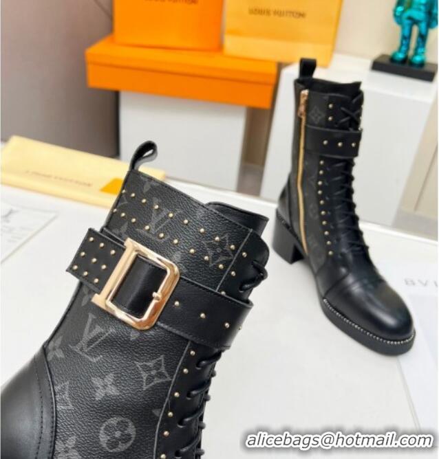 Cheap Price Louis Vuitton Monogram Canvas Ankle Boots 5cm with Buckle Strap and Studs Black 012110