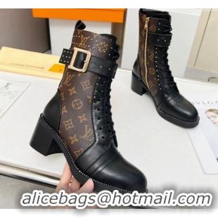 Big Discount Louis Vuitton Monogram Canvas Ankle Boots 5cm with Buckle Strap and Studs Brown 012111