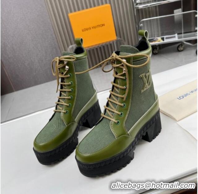 Top Quality Louis Vuitton Laureate Platform Desert Ankle Boot in Leather and Textile Green 012119