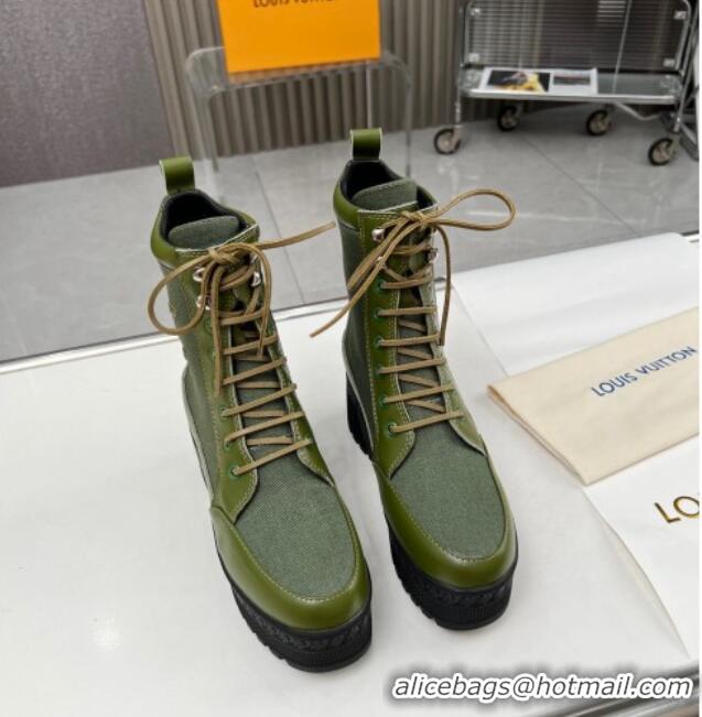 Top Quality Louis Vuitton Laureate Platform Desert Ankle Boot in Leather and Textile Green 012119