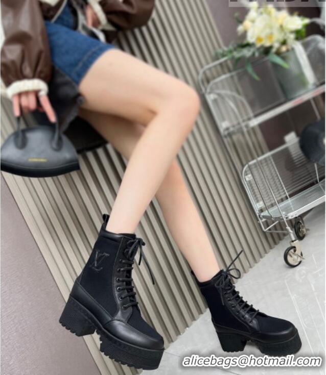 Top Grade Louis Vuitton Laureate Platform Desert Ankle Boot in Leather and Textile Black 012120