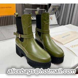 Sumptuous Louis Vuitton Laureate Platform Desert Ankle Boot with Buckle Strap Green 012122