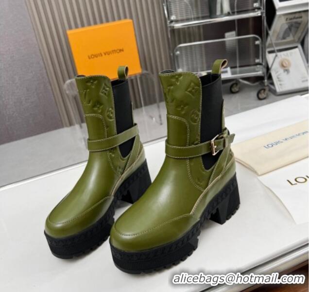 Sumptuous Louis Vuitton Laureate Platform Desert Ankle Boot with Buckle Strap Green 012122