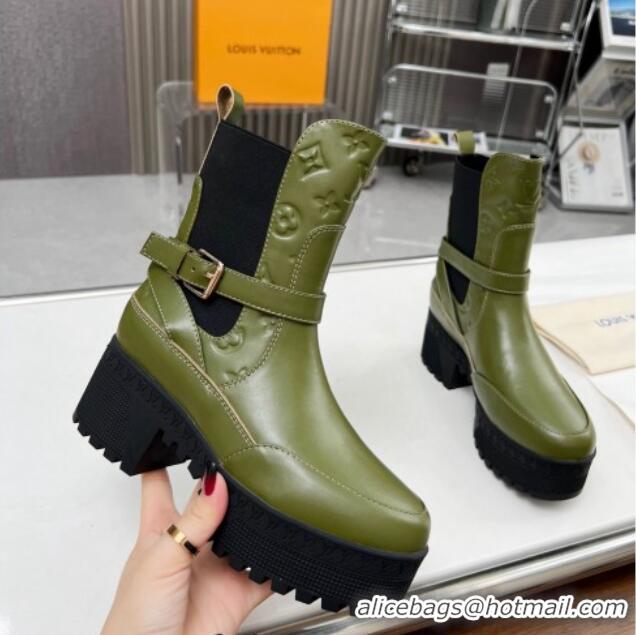 Sumptuous Louis Vuitton Laureate Platform Desert Ankle Boot with Buckle Strap Green 012122