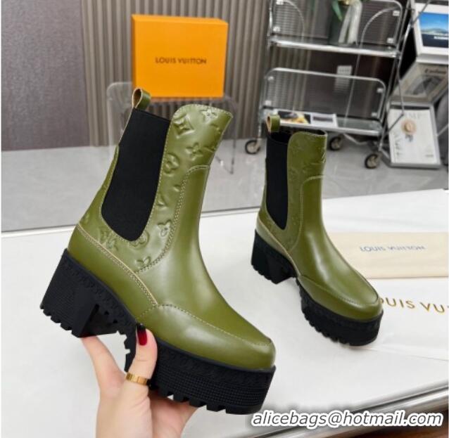 Good Quality Louis Vuitton Laureate Platform Chelsea Ankle Boot in Green Leather 012125