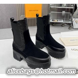 Popular Style Louis Vuitton Laureate Platform Chelsea Ankle Boot Black Suede and Leather 012126