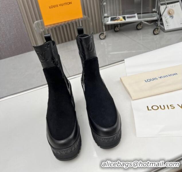 Popular Style Louis Vuitton Laureate Platform Chelsea Ankle Boot Black Suede and Leather 012126