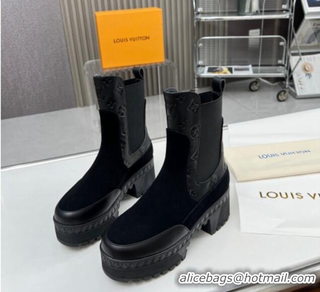 Popular Style Louis Vuitton Laureate Platform Chelsea Ankle Boot Black Suede and Leather 012126