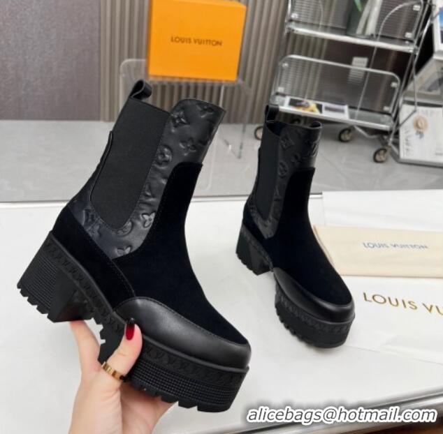 Popular Style Louis Vuitton Laureate Platform Chelsea Ankle Boot Black Suede and Leather 012126