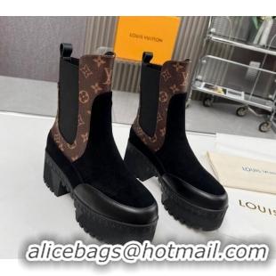 Charming Louis Vuitton Laureate Platform Chelsea Ankle Boot Black Suede and Monogram 012127